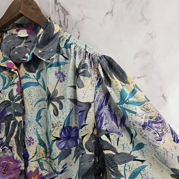 Vintage Blouse Womens Large 80s 90s Purple Blue Floral Long Sleeve Button Artsy - Picture 9 of 11